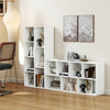 Freestanding white bookshelf with 7 compartments, ideal for displaying books and decor in any room layout.