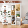 Freestanding white bookshelf with 7 open compartments for books, photos, and plants, adaptable for vertical or.