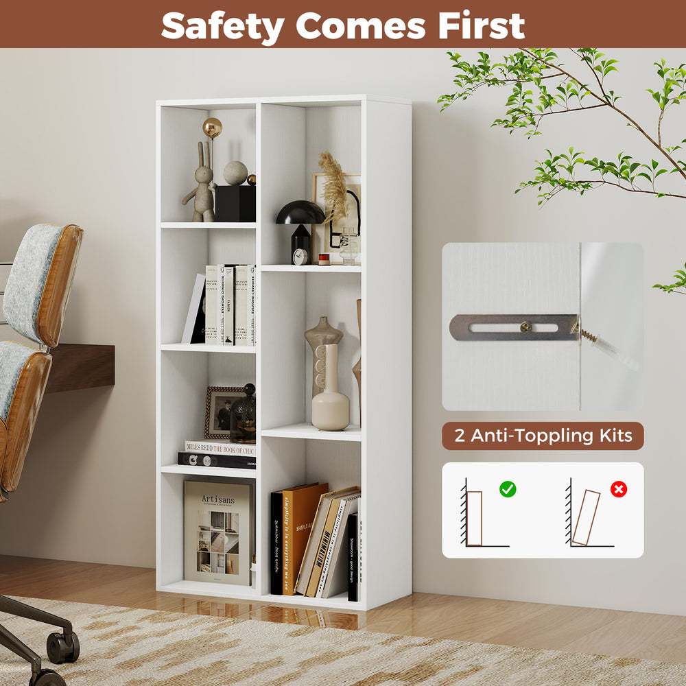 Freestanding white bookshelf with 7 compartments, featuring anti-tipping kits for safety, ideal for books and decor.