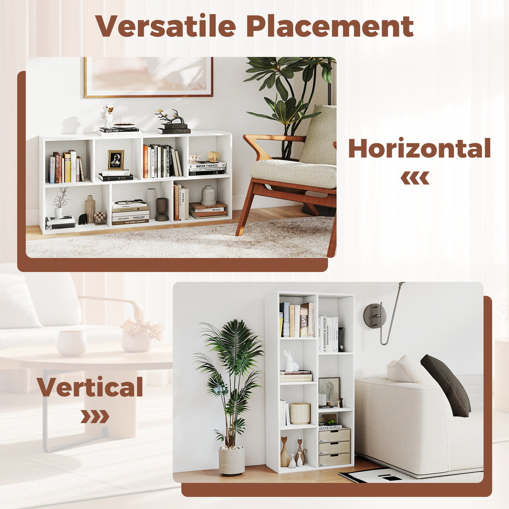 Freestanding bookshelf shown in vertical and horizontal placements with 7 compartments for books and decor.