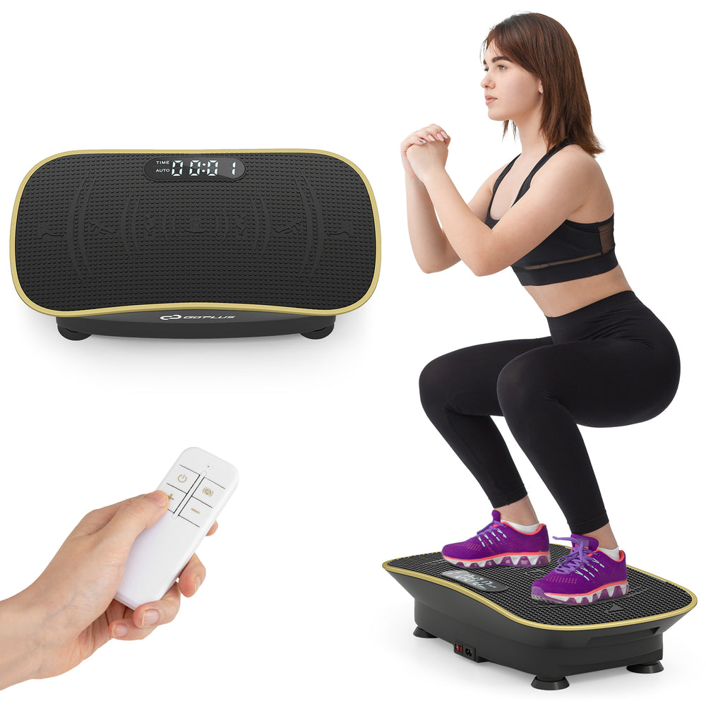 Vibration plate exercise machine in black with remote, ideal for full-body workouts and weight loss, featuring 10 speed.