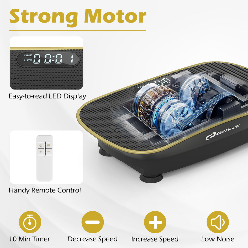 Vibration plate exercise machine in black with LED display and remote control for customizable workouts and fat burning.