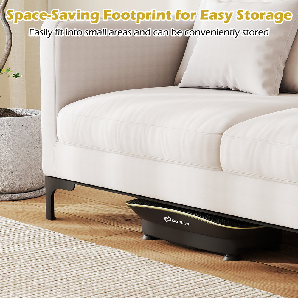 Vibration plate exercise machine in black with a space-saving design, ideal for easy storage and effective workouts.