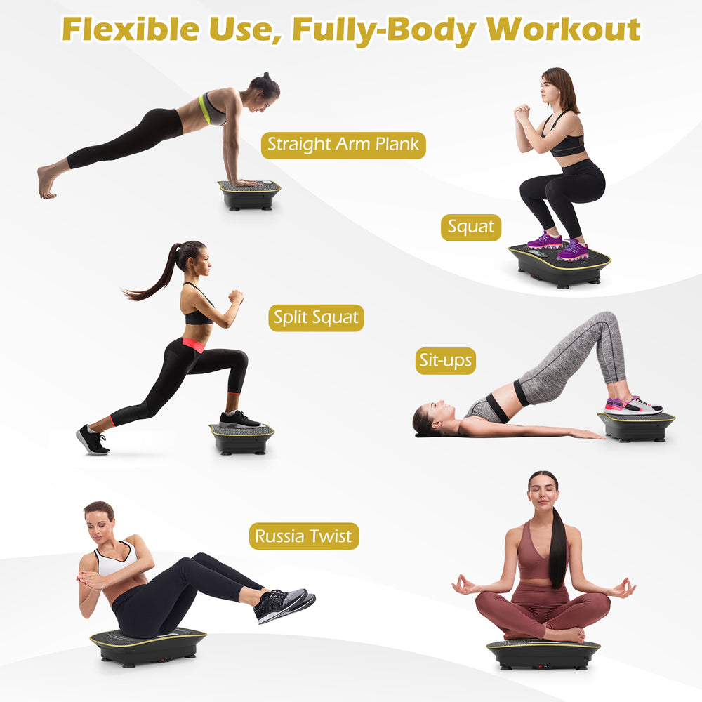 Vibration plate exercise machine showcasing various workouts like planks, squats, and twists for effective fitness.