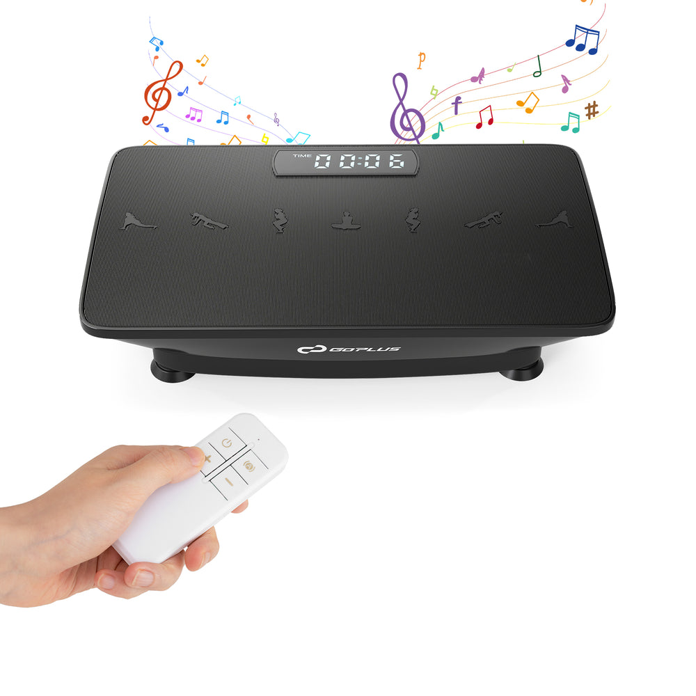 Vibration plate exercise machine in black, featuring a comfortable rubber surface for secure workouts and stability.