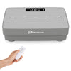Vibration plate exercise machine in gray with remote control, featuring a non-slip surface and 10 speed levels for home.