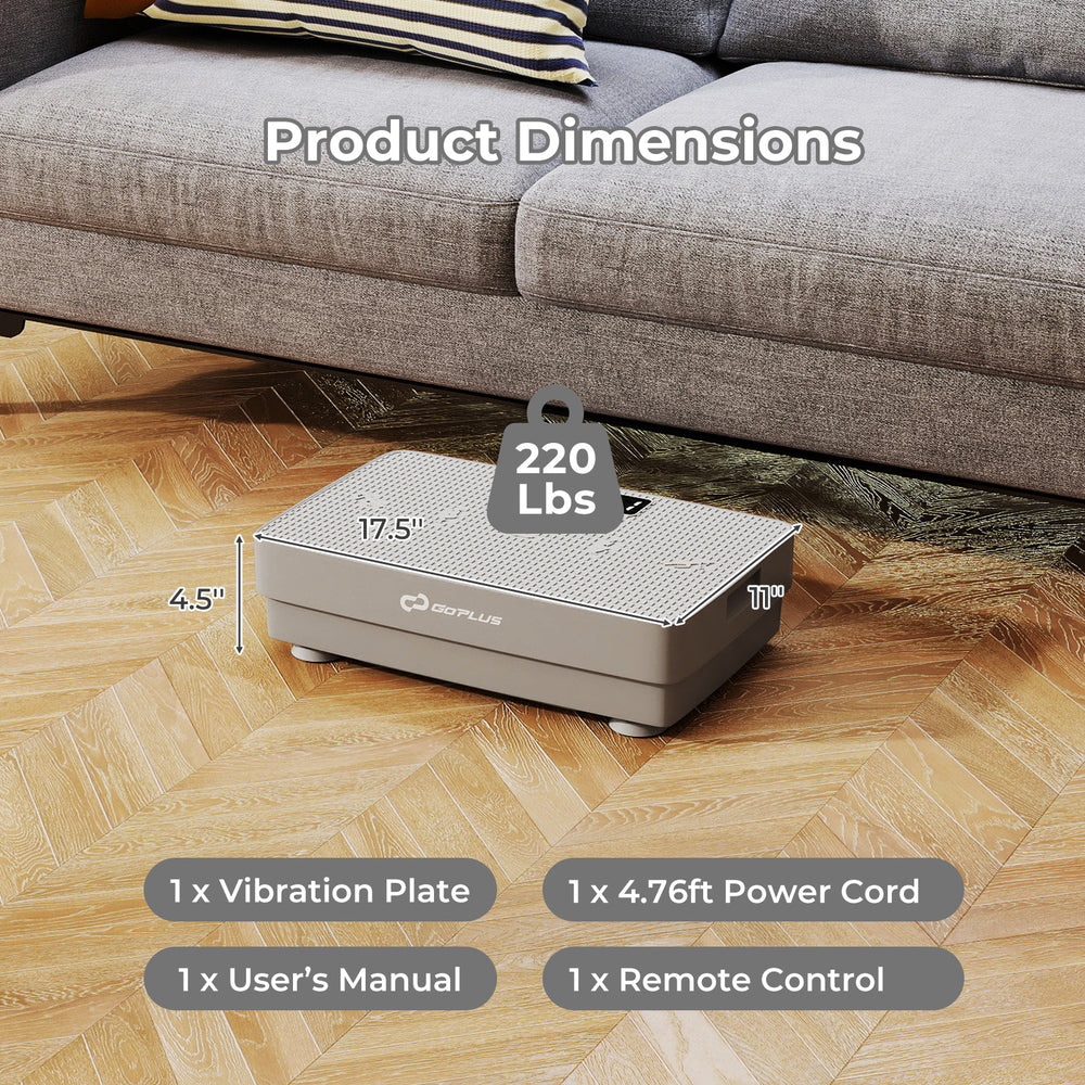 Vibration plate exercise machine in gray with remote control, featuring a compact design for home gym workouts.