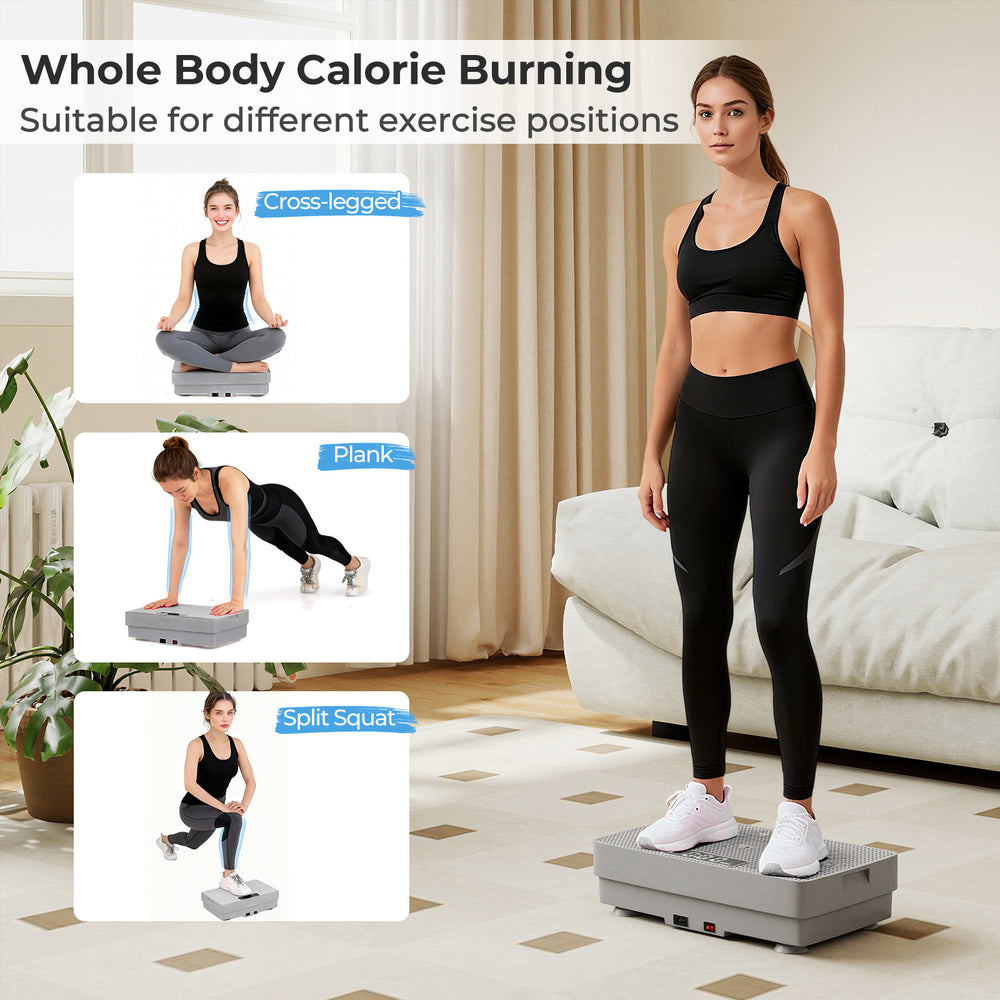 Vibration plate exercise machine in gray, featuring a rubber surface and remote control for versatile home workouts.