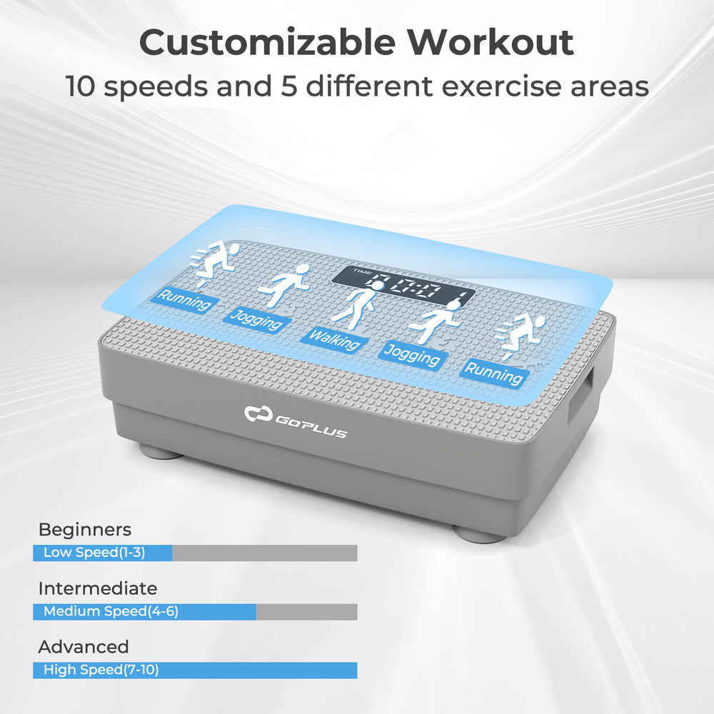 Vibration plate exercise machine in gray with 10 speed levels and remote control for customizable home workouts.