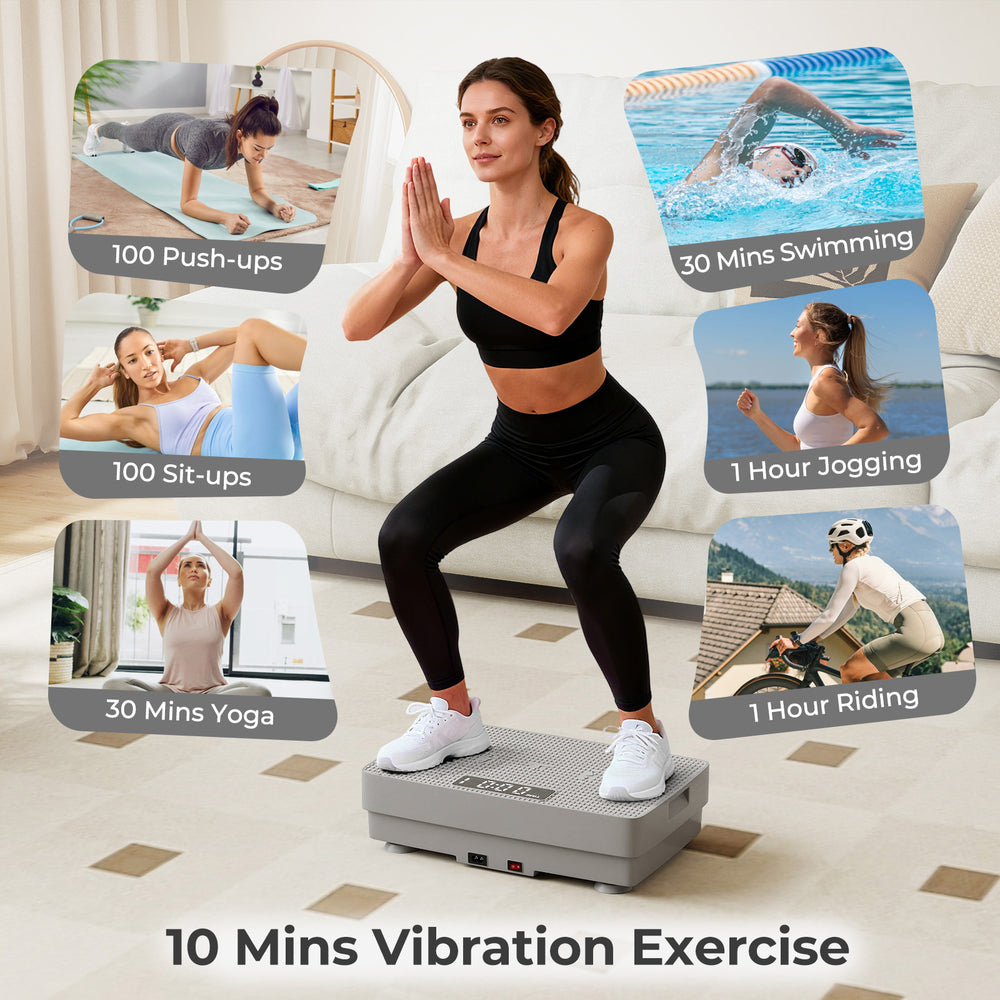 Vibration plate exercise machine in gray, featuring remote control and gravity sensor for personalized home workouts.