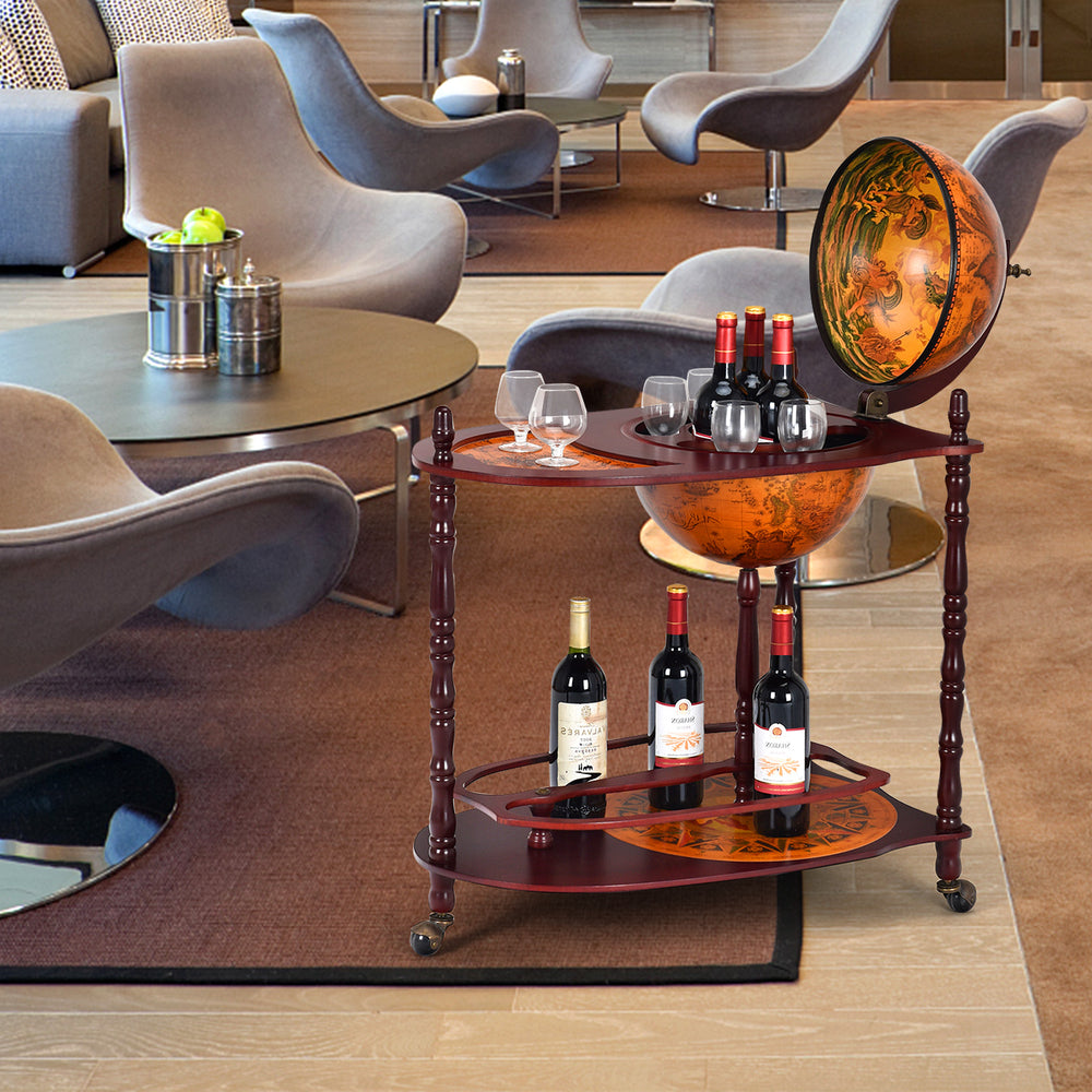 Vintage globe rolling wine bar cart displaying the globe's celestial view, with an extra shelf for additional storage.