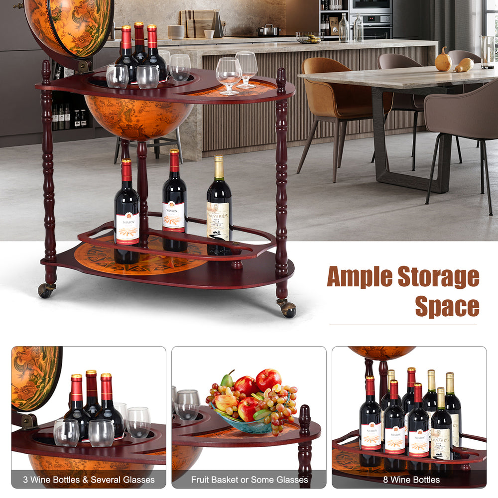 Vintage globe rolling wine bar cart with extra shelf, featuring an old world map design and ample storage for bottles.