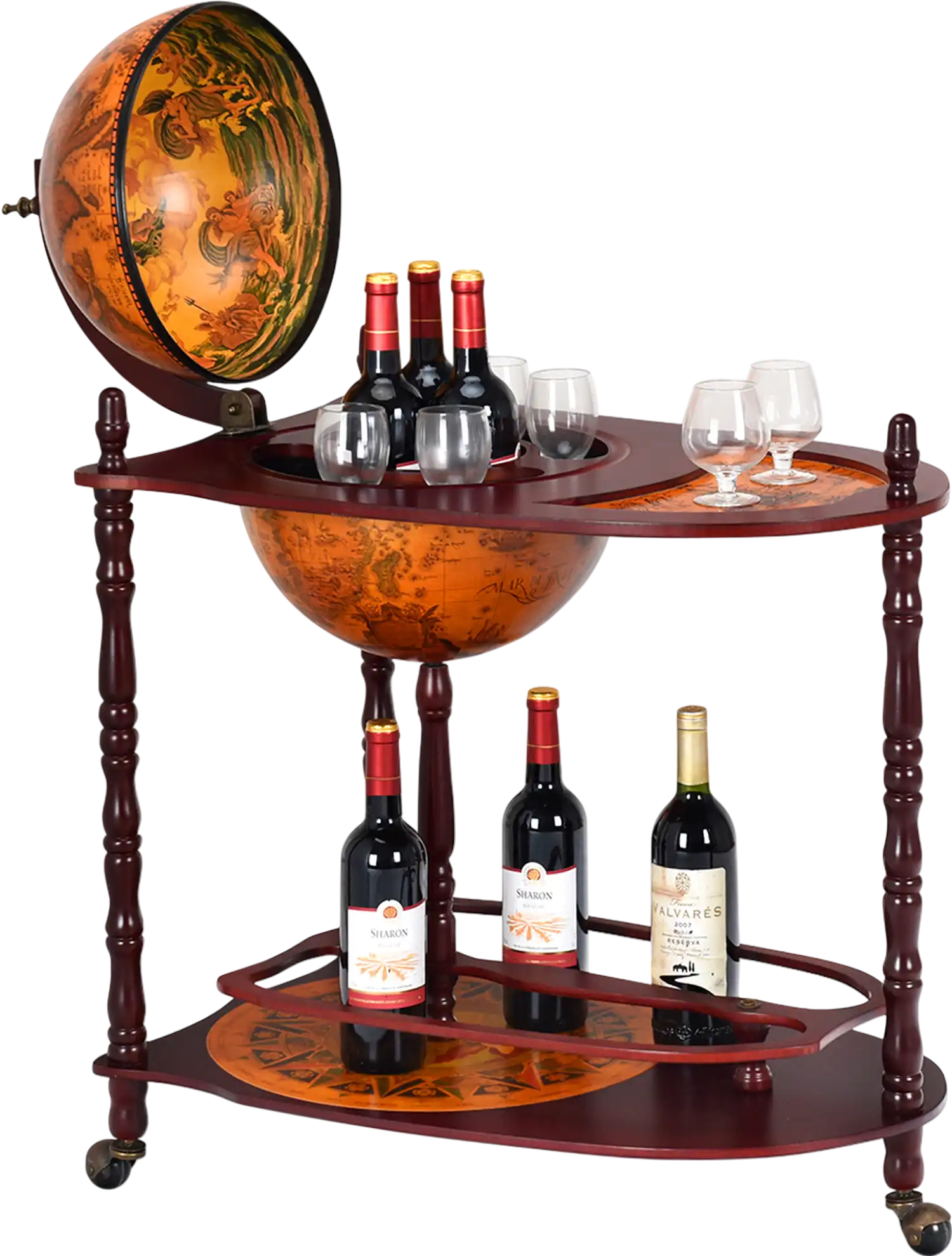 Costway Vintage Globe Rolling Wine Bar Cart Extra Shelf 36420581 New