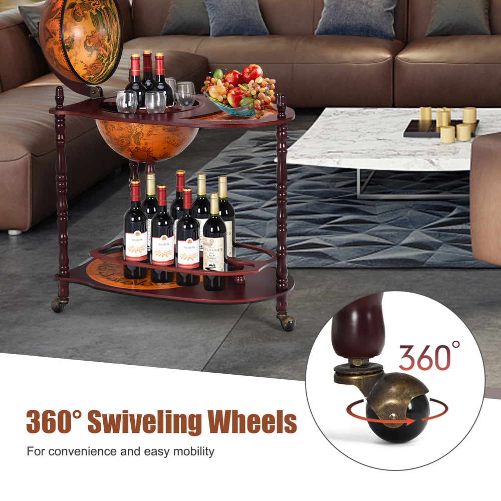 Vintage globe rolling wine bar cart with extra shelf and 360° swiveling wheels for easy mobility and storage.