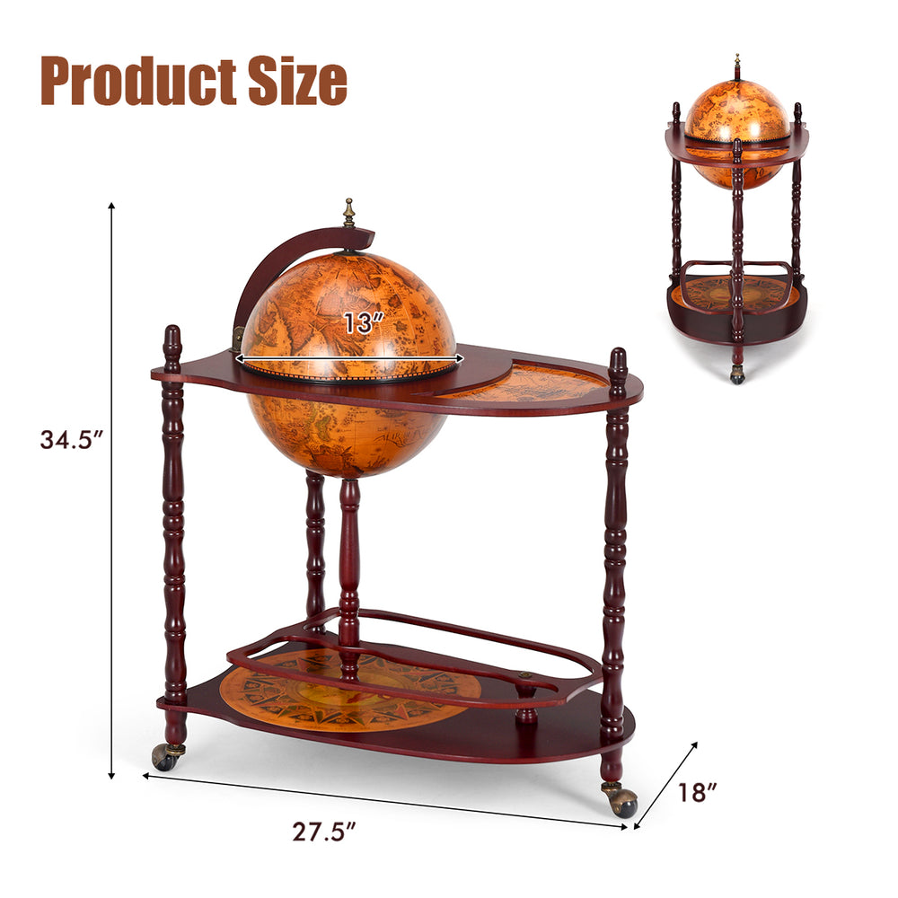Vintage globe rolling wine bar cart with old world map, 13" globe, extra shelf, and 3 casters for easy mobility.