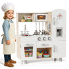 Wooden vintage play kitchen set with water dispenser, stove, sink, and ample storage for imaginative cooking play.