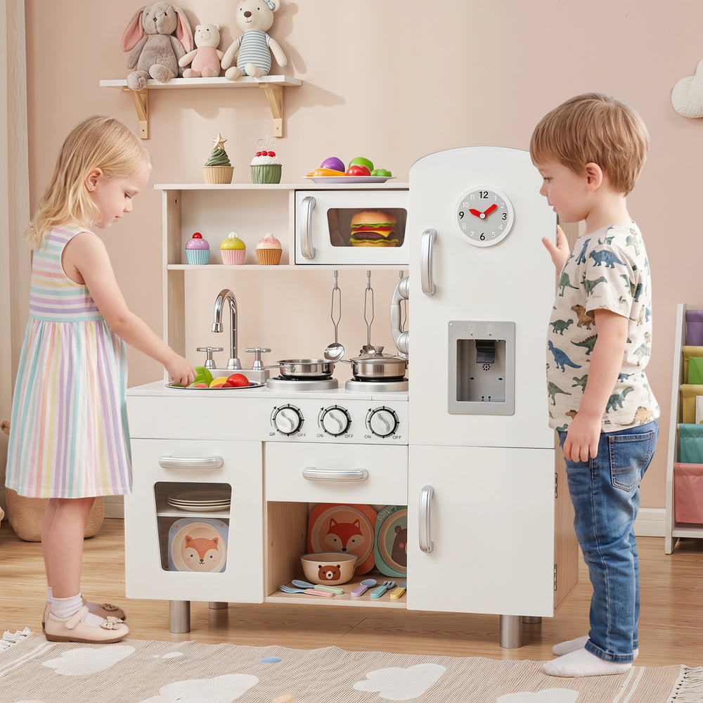 Vintage play kitchen set for kids featuring a detailed sink, faucet, and realistic cooking knobs for imaginative play.
