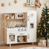 Wooden vintage play kitchen set showcasing a refrigerator, cooking knobs, and storage compartments for creative play.