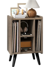 Vinyl record storage turntable stand in gray with 4 open shelves, perfect for organizing music devices in any room.