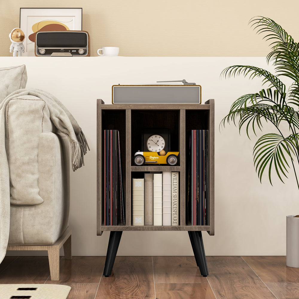 Vinyl record storage turntable stand in gray featuring a wide tabletop, perfect for displaying a record player and.