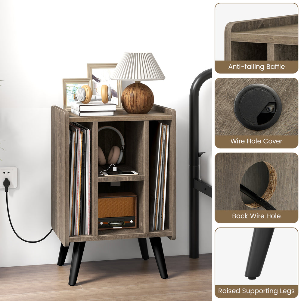 Vinyl record storage turntable stand in gray with 4 open shelves, ideal for living room or bedroom organization.