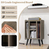 Vinyl record storage turntable stand in gray with 4 open shelves, USB ports, and a modern design for versatile use.