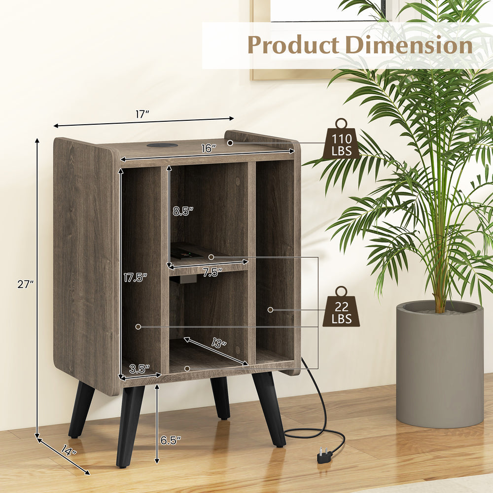 Vinyl record storage turntable stand with dimensions, featuring 4 open shelves and multiple charging ports for.