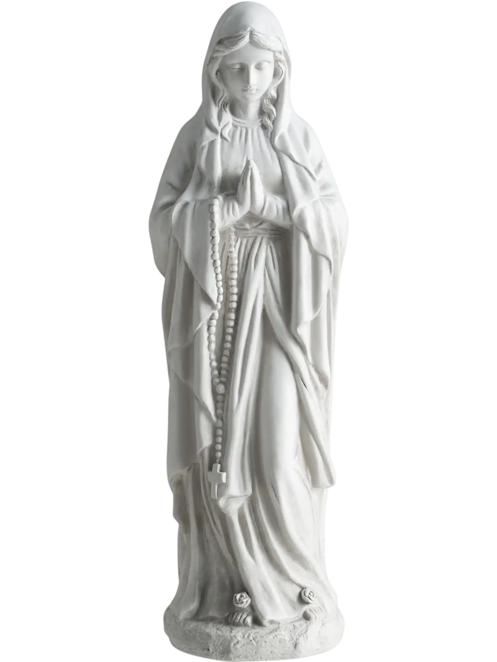 Virgin Mary statue 29.5 inches tall, made from gray magnesium oxide, ideal for outdoor religious decoration.