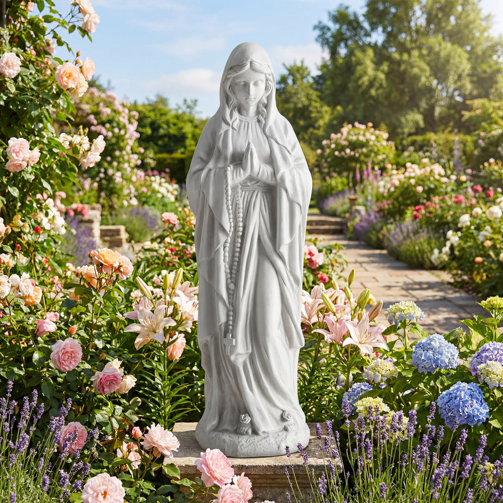 Virgin Mary statue 29.5 inches tall in gray, made from magnesium oxide, ideal for garden decoration and faith-inspired.