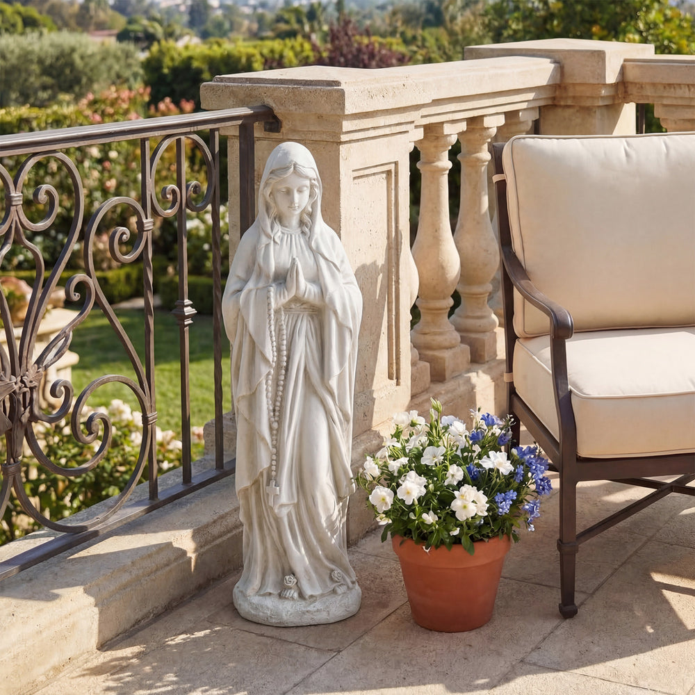 Virgin Mary statue 29.5 inches tall in gray, made from magnesium oxide, ideal for outdoor religious decor.