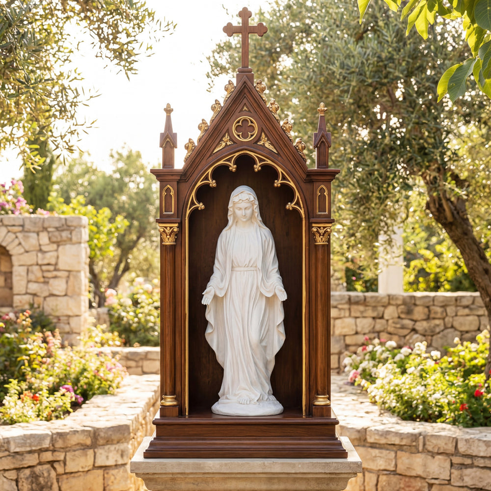 Virgin Mary statue 29.5 inches tall with aged finish, made from magnesium oxide for outdoor gardens and memorials.