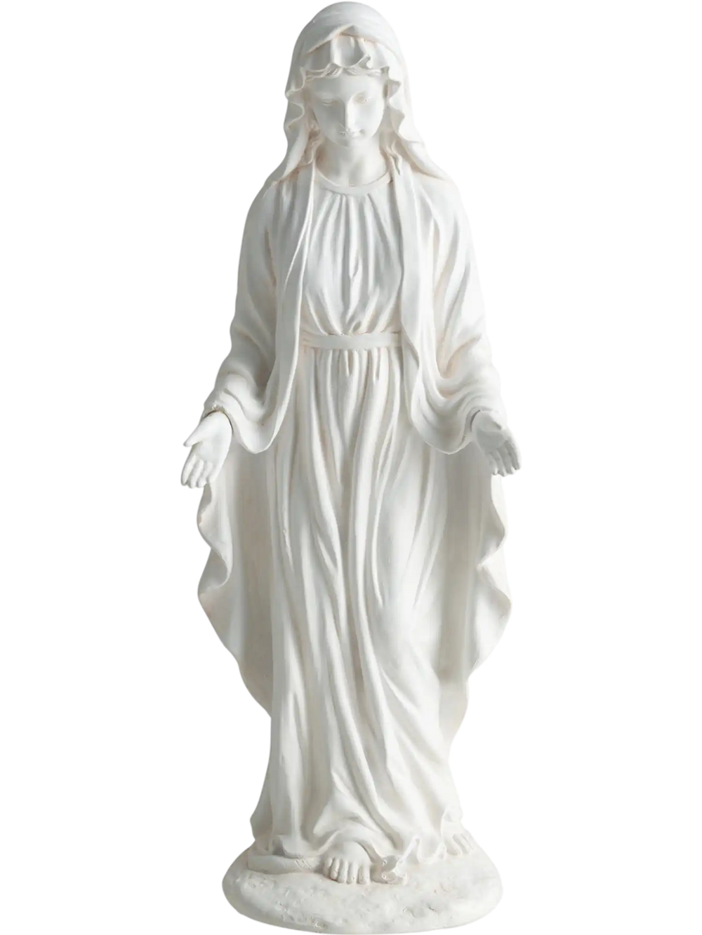 Virgin Mary statue 29.5 inches tall in aged white finish, ideal for outdoor religious decoration and garden focal.