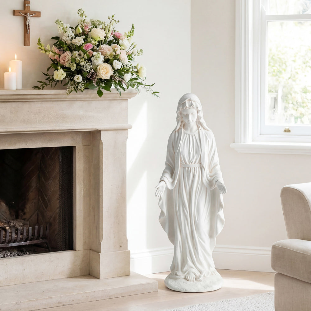 Virgin Mary statue 29.5 inches tall in aged white finish, perfect for gardens or home decor with a serene.