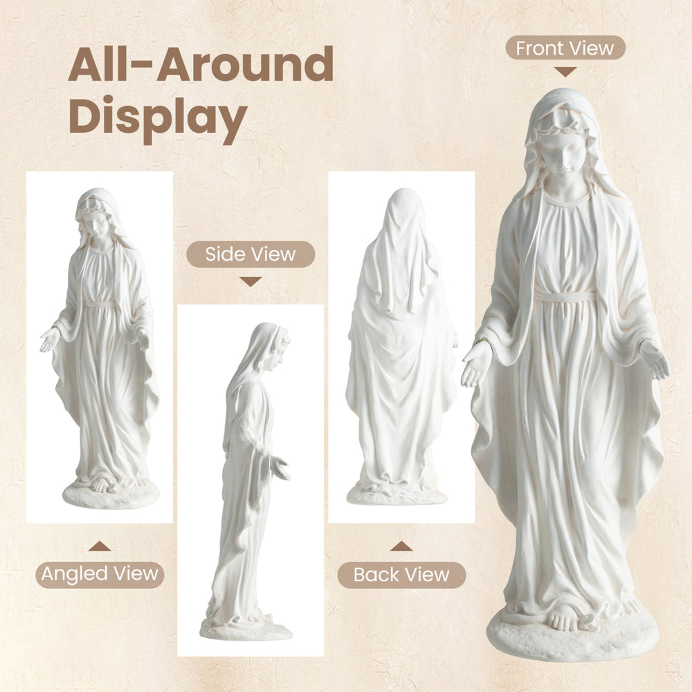 Virgin Mary statue in aged white finish, 29.5 inches tall, showcasing serene expression for outdoor religious decor.