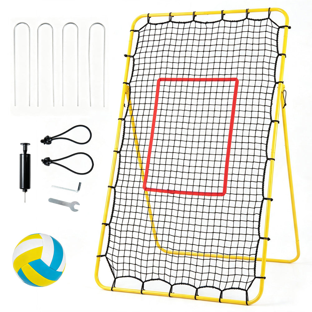 Volleyball rebounder net with heavy-duty metal frame, adjustable angles, and included volleyball and air pump for practice.