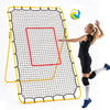 Volleyball rebounder net with a 7 ft x 4 ft area and elastic bungees for secure, adjustable practice angles outdoors.