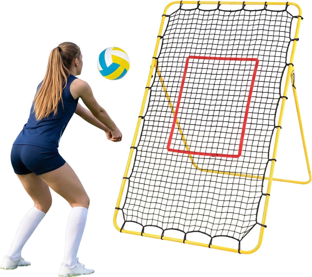 Volleyball rebounder net set up for practice, featuring a 7 ft x 4 ft area and adjustable angles for optimal training.