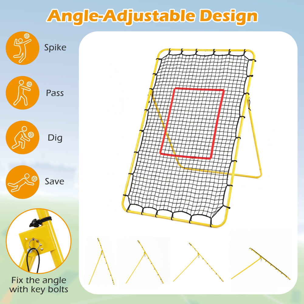 Volleyball rebounder net features a heavy-duty frame, adjustable angles, and a 7 ft x 4 ft practice area for outdoor use.