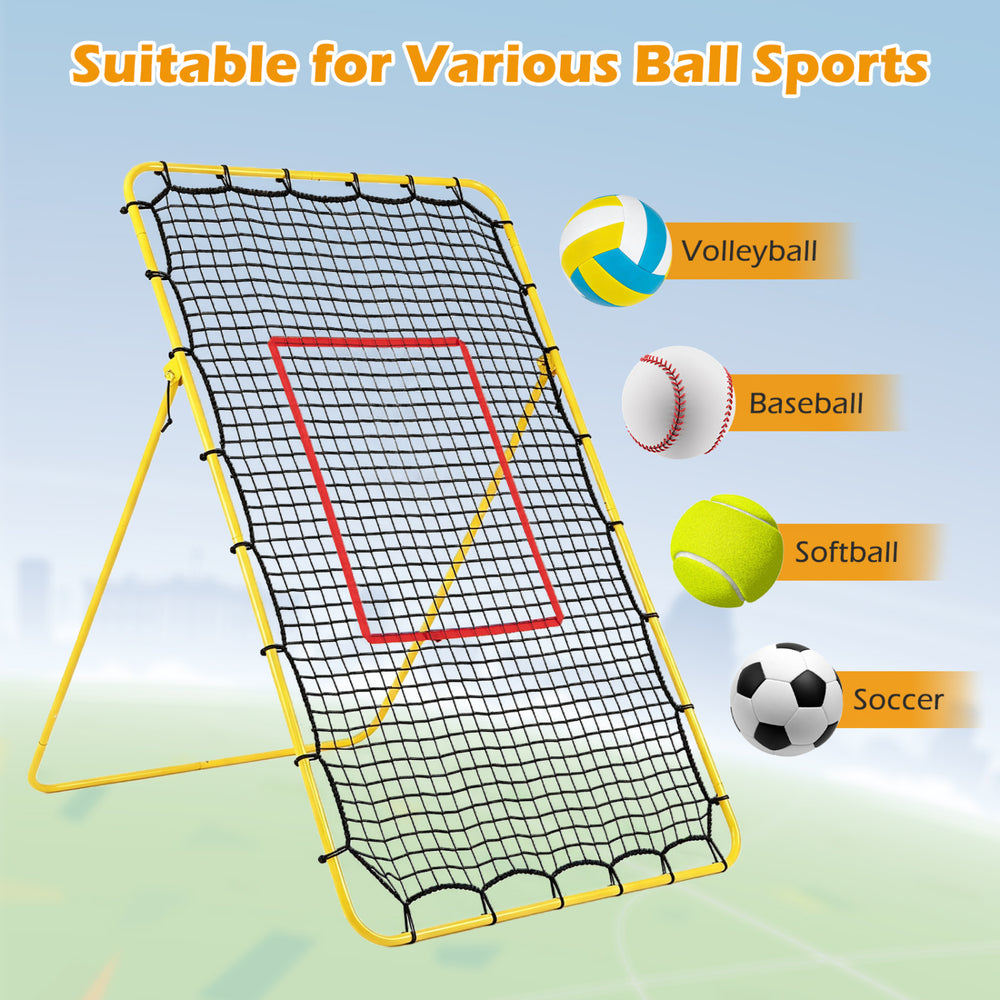Volleyball rebounder net with heavy-duty frame, adjustable angles, and 7 ft x 4 ft area for practicing various ball sports.