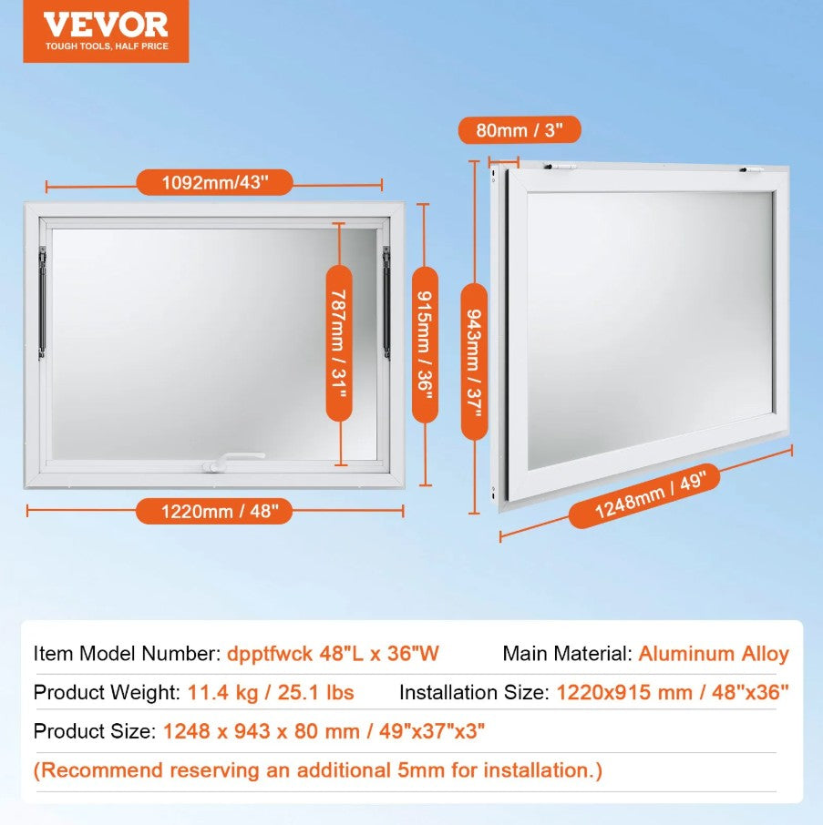 Vevor Concession Window 48" x 36" with Awning for Food Truck or Trailer New