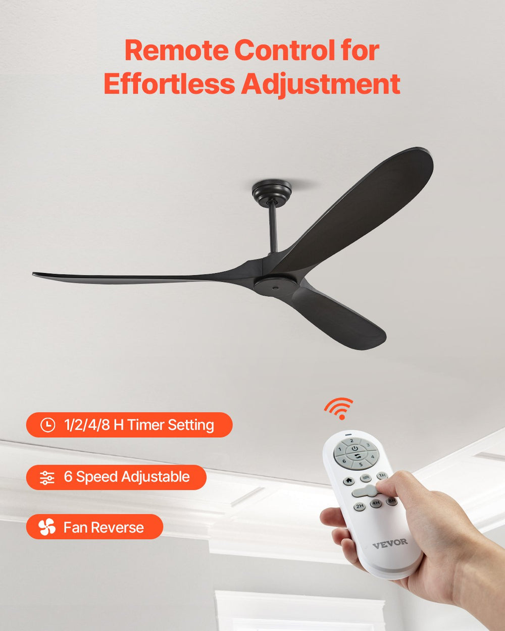 Vevor Ceiling Fan 72" 3 Wood Blades No Light 6-Speed Reversible Remote Control New
