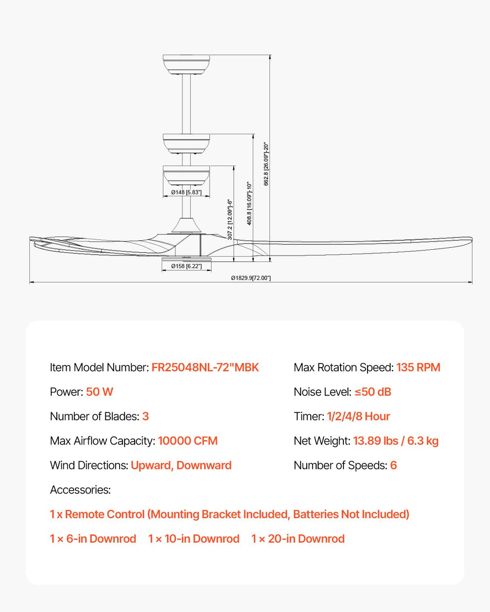 Vevor Ceiling Fan 72" 3 Wood Blades No Light 6-Speed Reversible Remote Control New