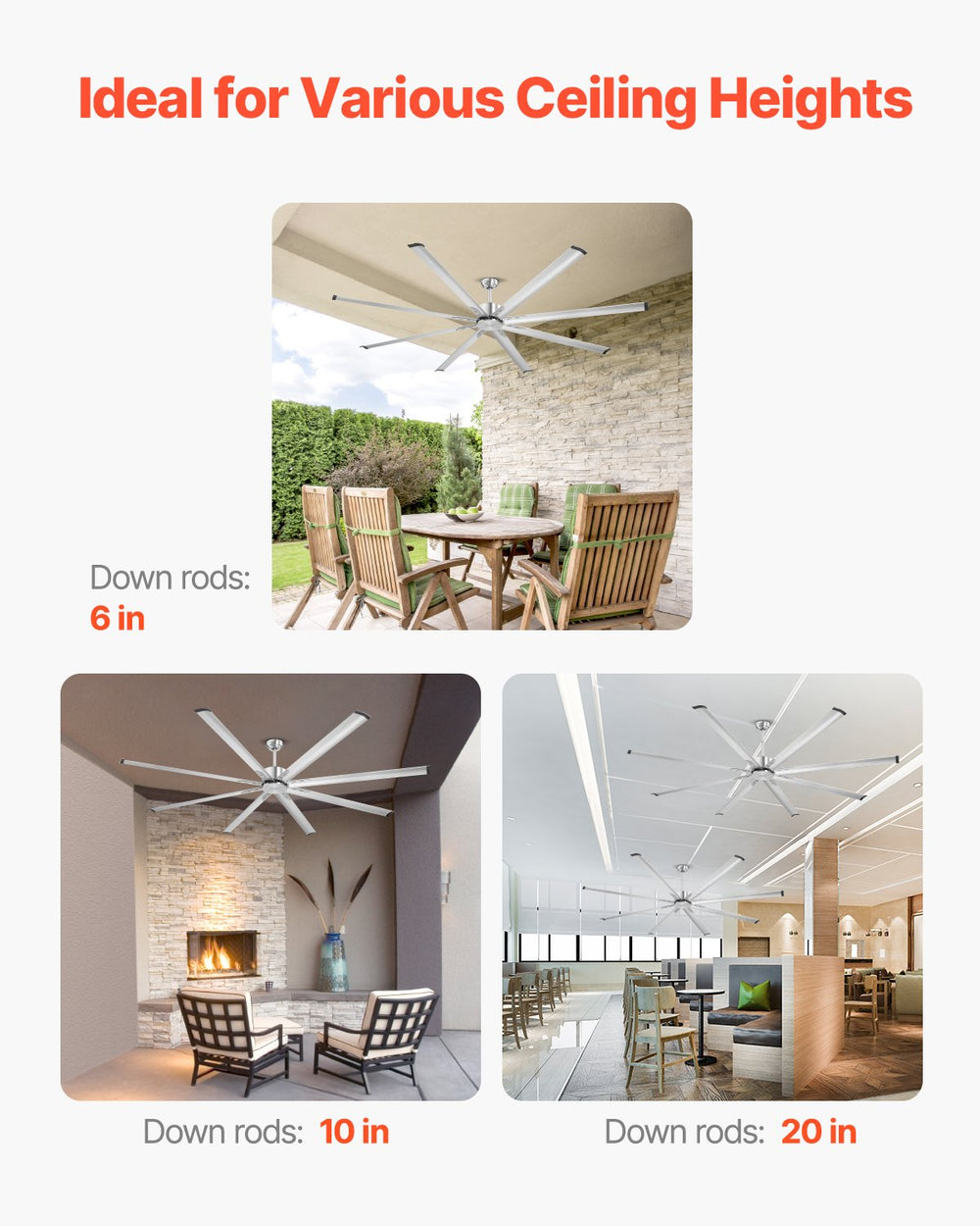 Vevor Ceiling Fan 96" 8 Blade No Light 6-Speed Remote Control Reversible Flush Mount New