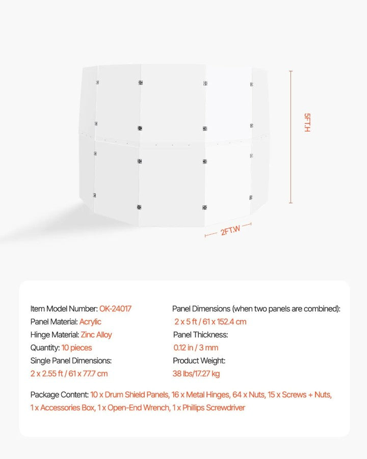 Vevor 5-Panel Drum Shield 2' x 5' Acrylic Panels with Zinc Alloy Hinges New