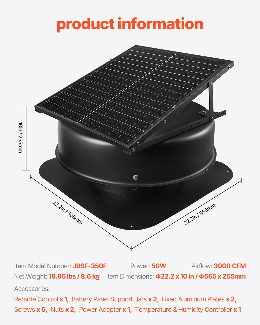Vevor Solar Roof Attic Exhaust Fan 50W with Thermostat and Remote Control New