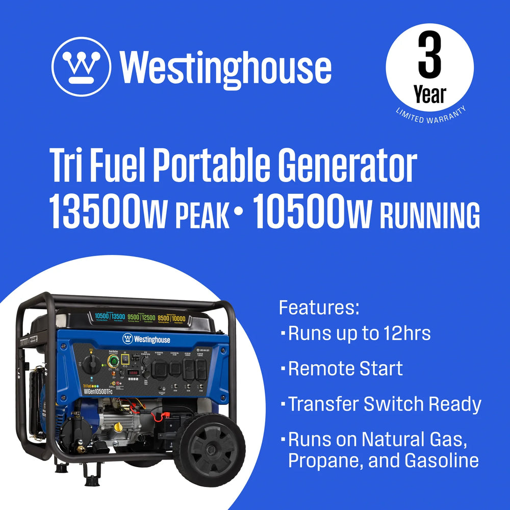 Westinghouse WGen10500TFc Tri-Fuel Generator 10500W/13500W 50 Amp Remote Start with CO Sensor New