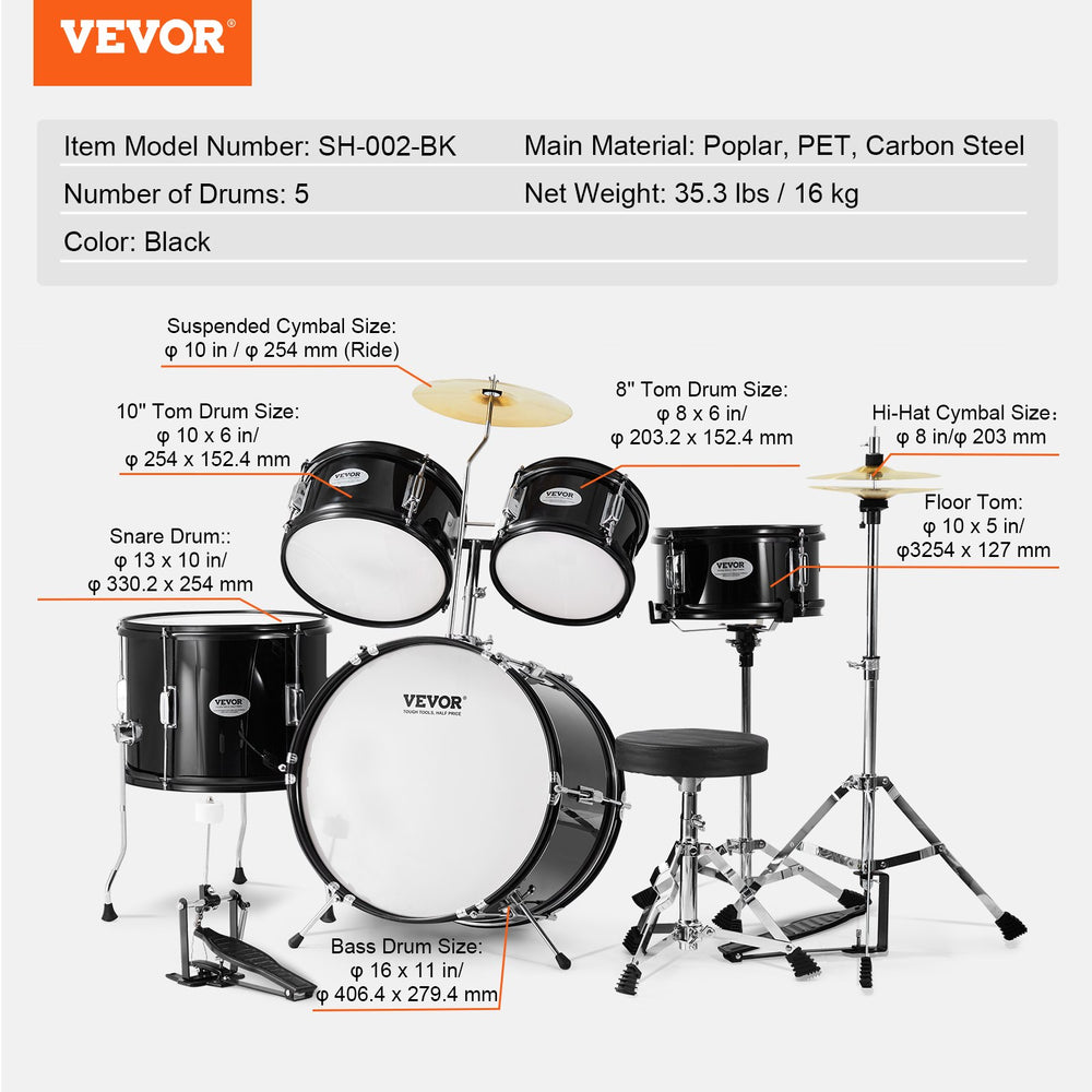 Vevor Kids Drum Set 5-Piece 16" Beginner Kit with Adjustable Throne and Drumsticks Ages 6-13 New