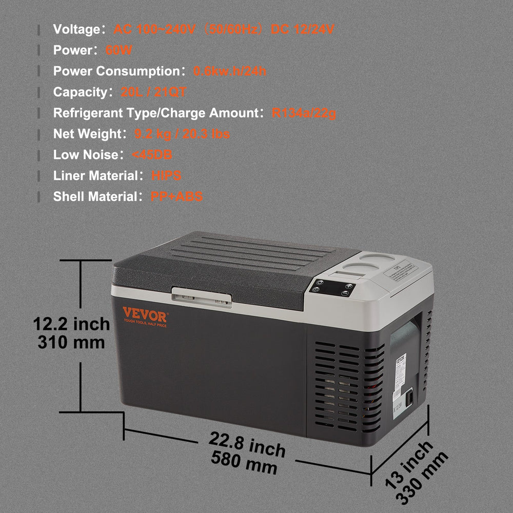 Vevor Portable Refrigerator and Freezer 21 Qt. Single Zone -4°F to 50°F Compressor Cooler New