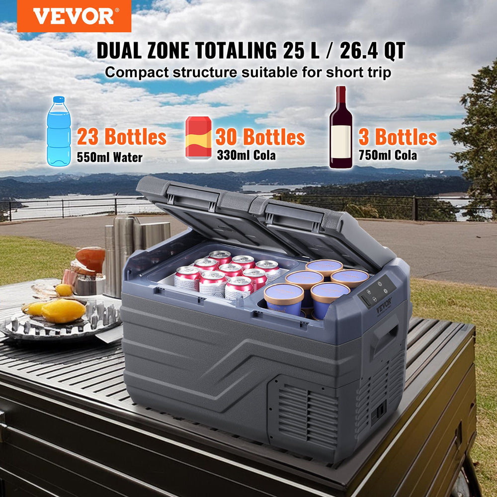 Vevor Portable Refrigerator and Freezer 26.4 Qt. Dual Zone -4°F to 68°F Compressor Cooler and Mobile App New