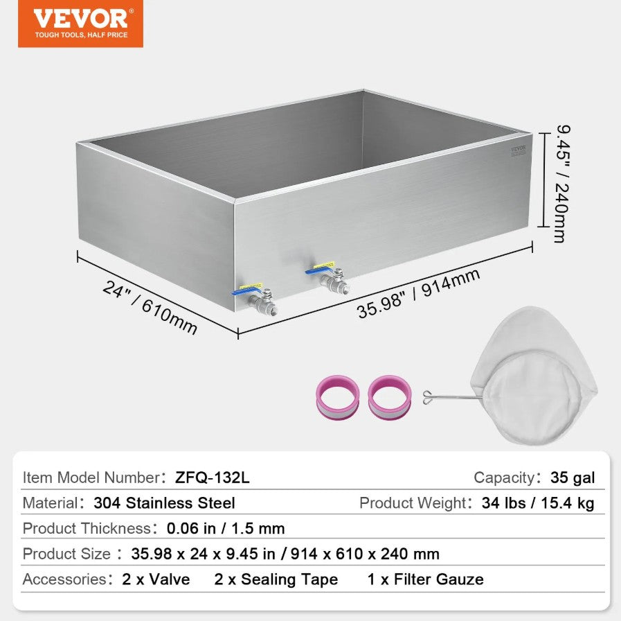 Vevor Maple Syrup Evaporator Pan with 2 Valves Stainless Steel 35 Gal Capacity New